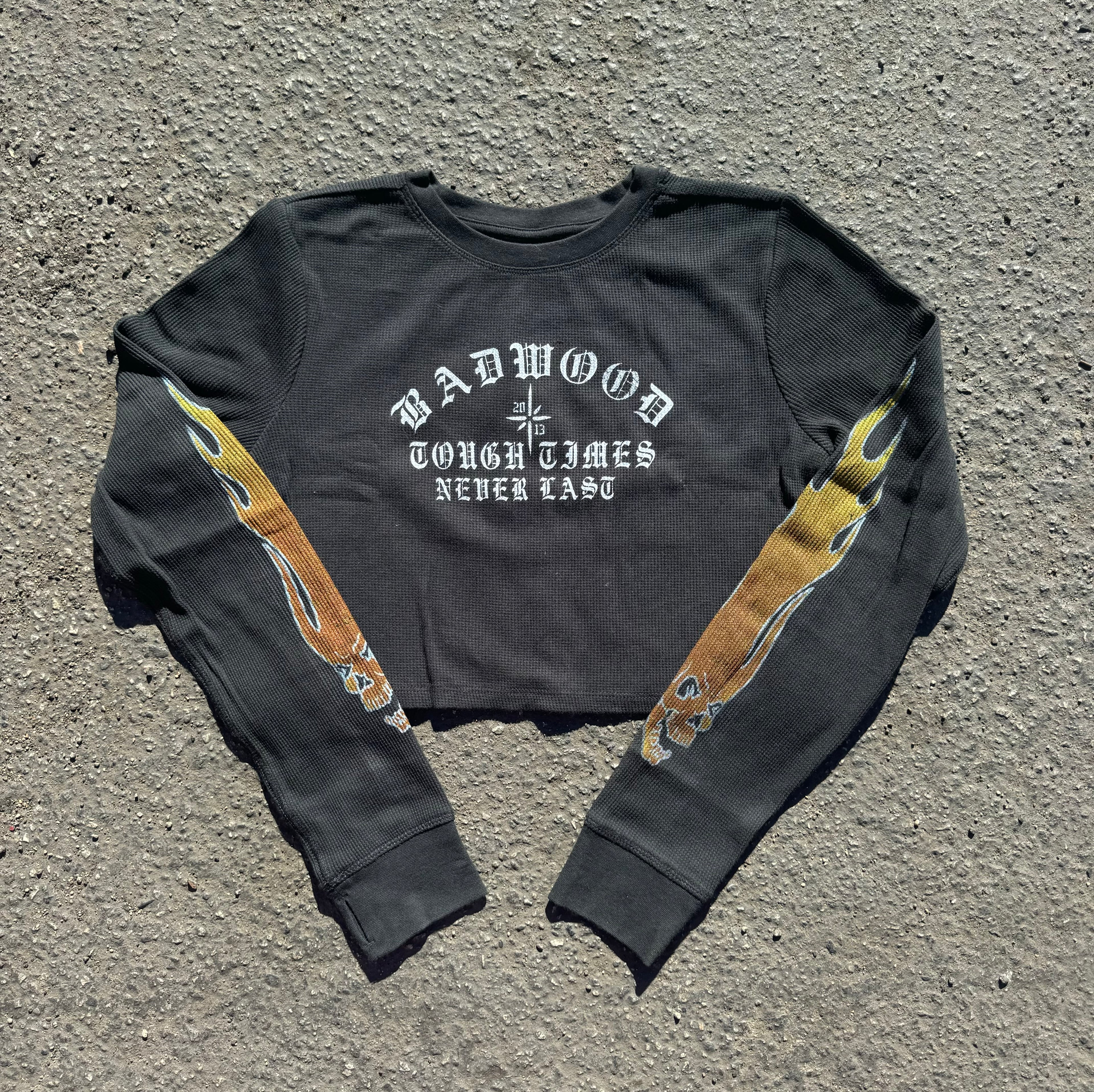 "TOUGH TIMES" Waffle Knit CROPPED Thermal